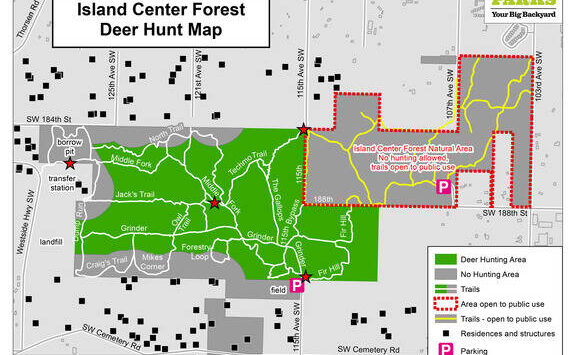 This map from King County shows the eastern portion (outlined in red) of Island Center Forest where hunting will not be allowed and trails will be open to the public during this year's deer hunt. The rest of the park is fair game for hunters.