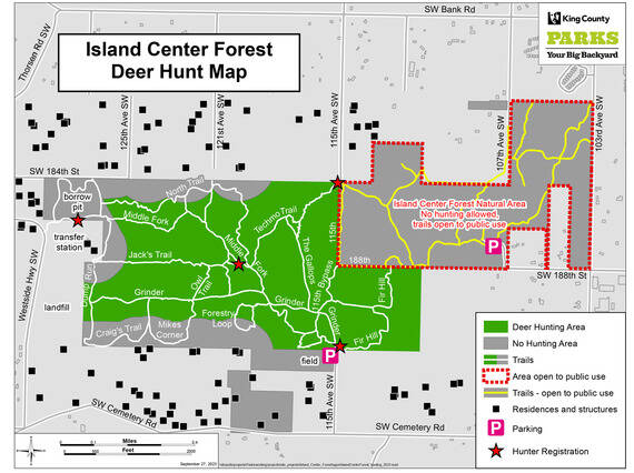 This map from King County shows the eastern portion (outlined in red) of Island Center Forest where hunting will not be allowed and trails will be open to the public during this year’s deer hunt. The rest of the park is fair game for hunters.