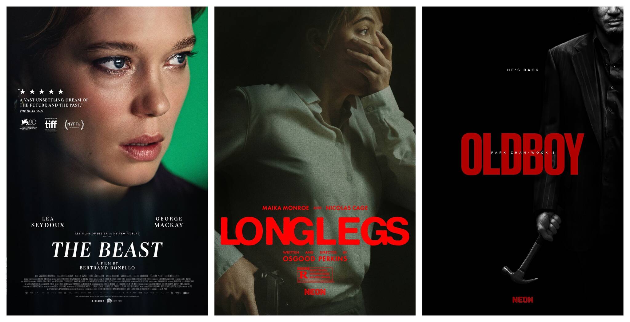 Upcoming screenings include “The Beast, “Longlegs” and “Oldboy.” (Courtesy photos)