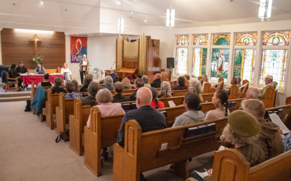 More than 60 people turned out in person to the Vashon Presbyterian Church on Thursday, Sept. 19 for a Vashon-Maury Island Community Council meeting that focused mostly on the upcoming Seattle Indian Health Board's Thunderbird Treatment Center and on details of the county's comprehensive plan process. (Alex Bruell photo)