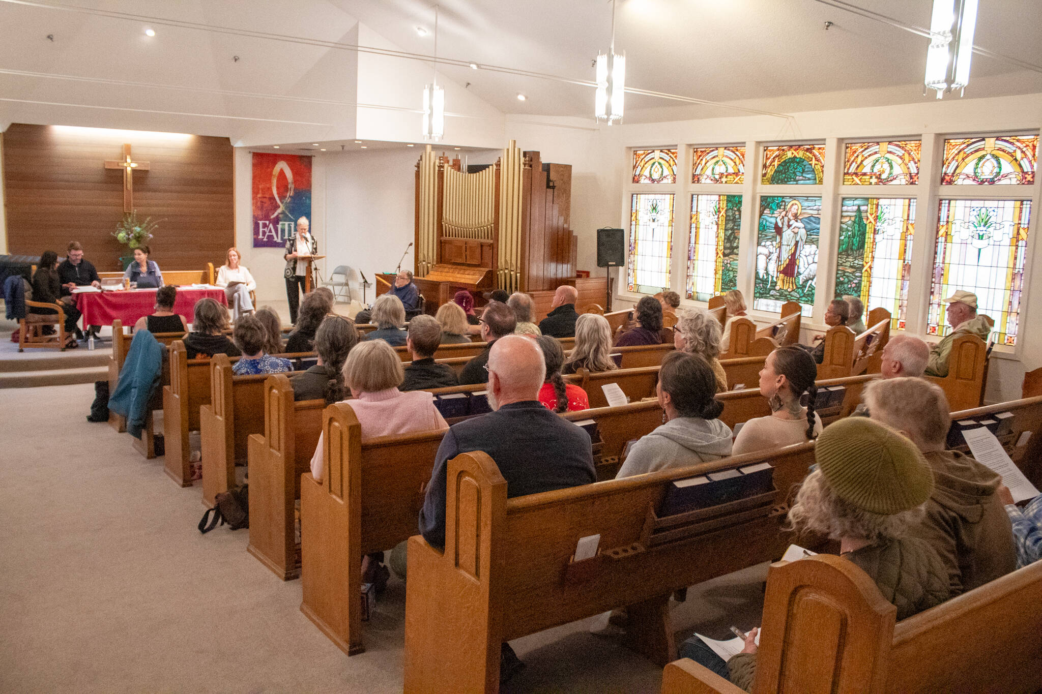 More than 60 people turned out in person to the Vashon Presbyterian Church on Thursday, Sept. 19 for a Vashon-Maury Island Community Council meeting that focused mostly on the upcoming Seattle Indian Health Board’s Thunderbird Treatment Center and on details of the county’s comprehensive plan process. (Alex Bruell photo)