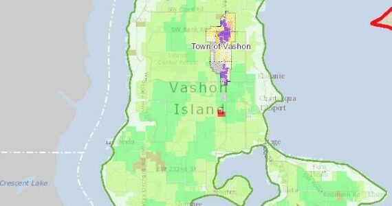 King County iMap screenshot
This image shows the zoning of Vashon Island. Areas in green are zoned "Rural Area." Areas in dark purple are zoned "Community Business." Areas in shades of yellow, orange and red are either "Residential" or "Office." Other zoning across the island includes "Agricultural" and "Neighborhood Business."