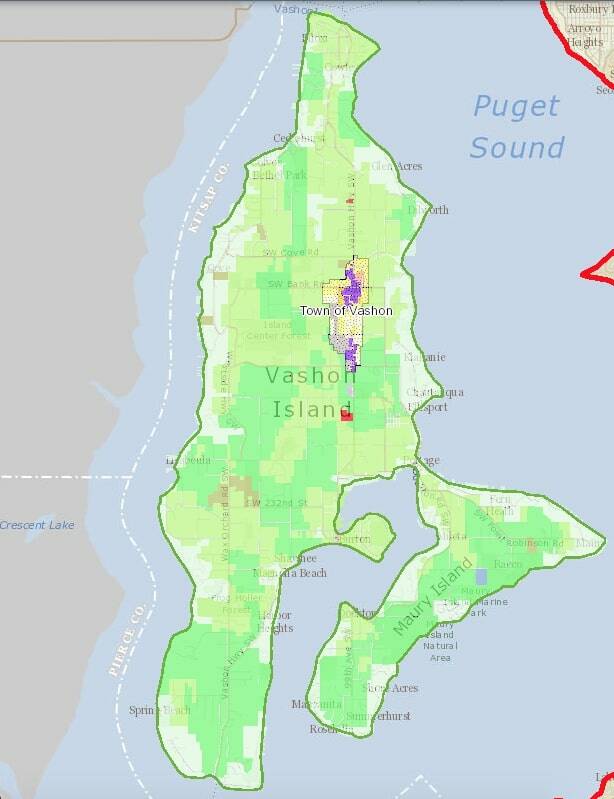 This image shows the zoning of Vashon Island. Areas in green are zoned “Rural Area.” Areas in dark purple are zoned “Community Business.” Areas in shades of yellow, orange and red are either “Residential” or “Office.” Other zoning across the island includes “Agricultural” and “Neighborhood Business.” (King County iMap screenshot)