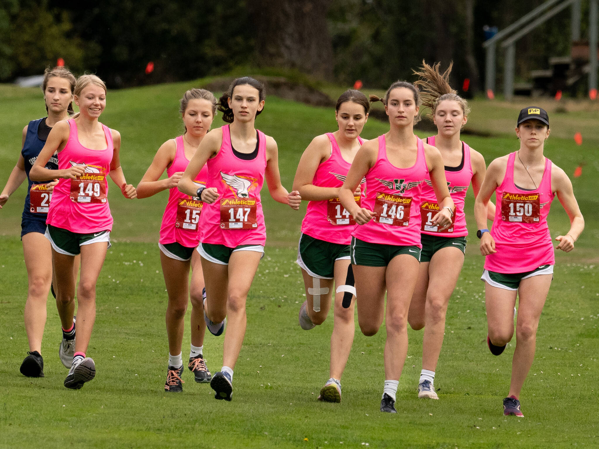 John Decker photo
The girls of the Vashon High School Cross Country team kick off their race at Camas Prairie Golf Park in Port Townsend on Tuesday, September 17