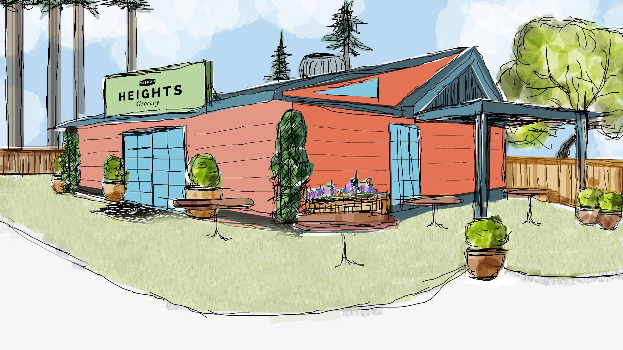 An artist’s sketch shows what a grocery store at the Grange hall could look like. (Rusty Willoughby illustration.)