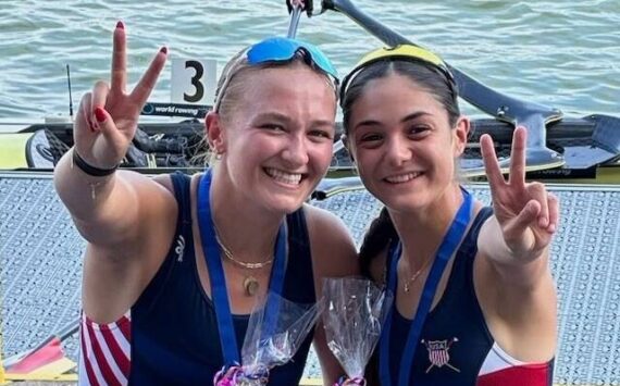 Kate Ginnis photo
Kate Kelly and teammate Zoe Tekeian celebrate after capturing silver in the Women’s eight at the 2024 U23 World Championships. Kate was in the 7th seat and Zoe was the coxswain.