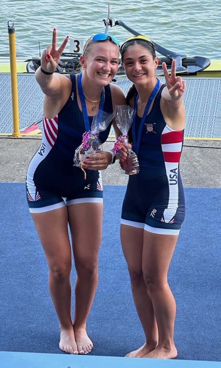 Kate Kelly and teammate Zoe Tekeian celebrate after capturing silver in the Women’s eight at the 2024 U23 World Championships. Kelly was in the 7th seat and Zoe was the coxswain. (Kate Ginnis photo)