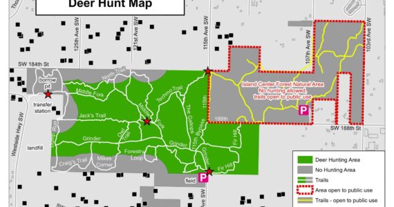 King County's Island Center Forest deer hunt map. No hunting is allowed in the northeastern section (the Island Center Forest Natural Area), highlighted in red, where trails will remain open to public use.