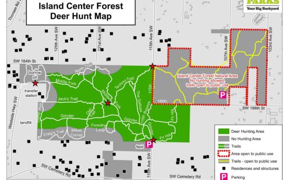 King County's Island Center Forest deer hunt map. No hunting is allowed in the northeastern section (the Island Center Forest Natural Area), highlighted in red, where trails will remain open to public use.