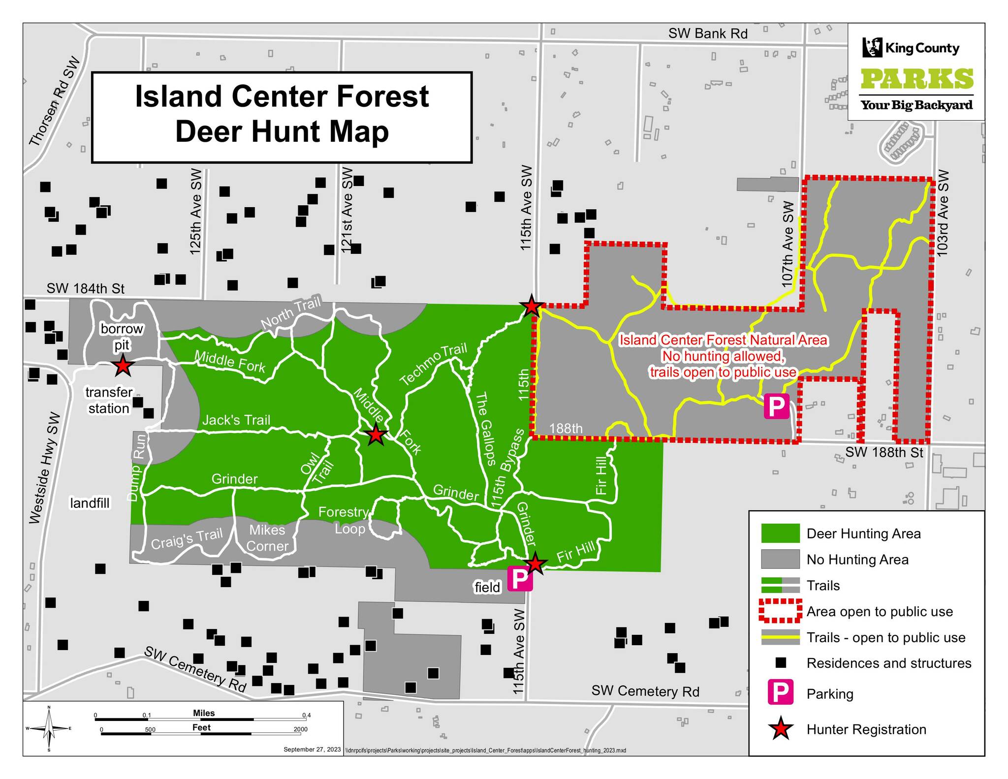 King County’s Island Center Forest deer hunt map. No hunting is allowed in the northeastern section (the Island Center Forest Natural Area), highlighted in red, where trails will remain open to public use.