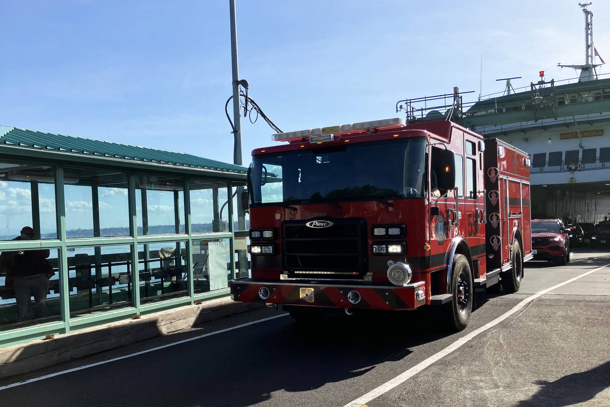 Vashon Island Fire & Rescue’s new fire truck rolled off the Chetzemoka ferry and onto Vashon on Wednesday afternoon. (Elizabeth Shepherd photo)