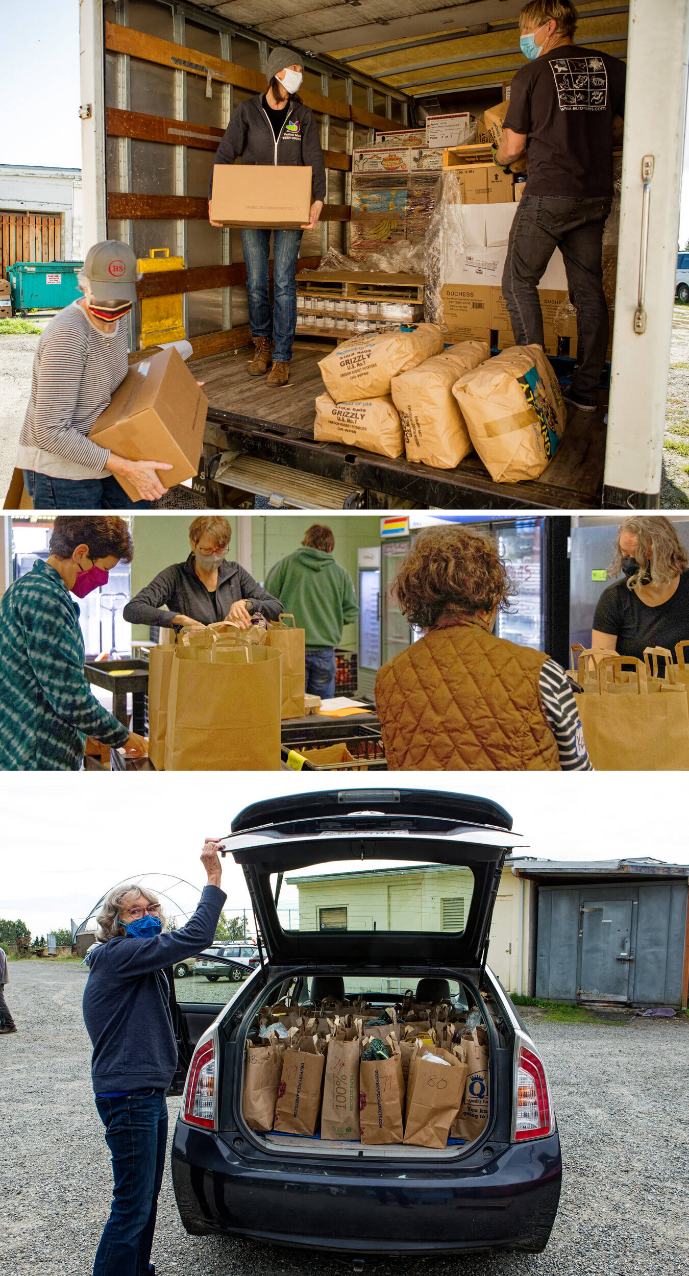 200 Tons of Food: In a year of community service, Food Bank volunteers will lug 396,000 pounds (200 tons) of food per year from delivery trucks (top) and over the threshold of the warehouse (middle). About half of the food will be delivered to homes by volunteer drivers (bottom). (Courtesy photo)