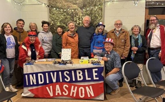 Courtesy photo
Vashon 2 Voters, a program of Indivisible Vashon, through volunteer effort, has written more than 19,000 postcards since November 2023 to voters across the country encouraging their participation in our democracy, according to program coordinator Debby Jackson. This photo, of several of the V2V writers, was taken at Indivisible Vashon's Oct. 8 meeting. Learn more about Vashon 2 Voters at indivisiblevashon.org/GOTV/