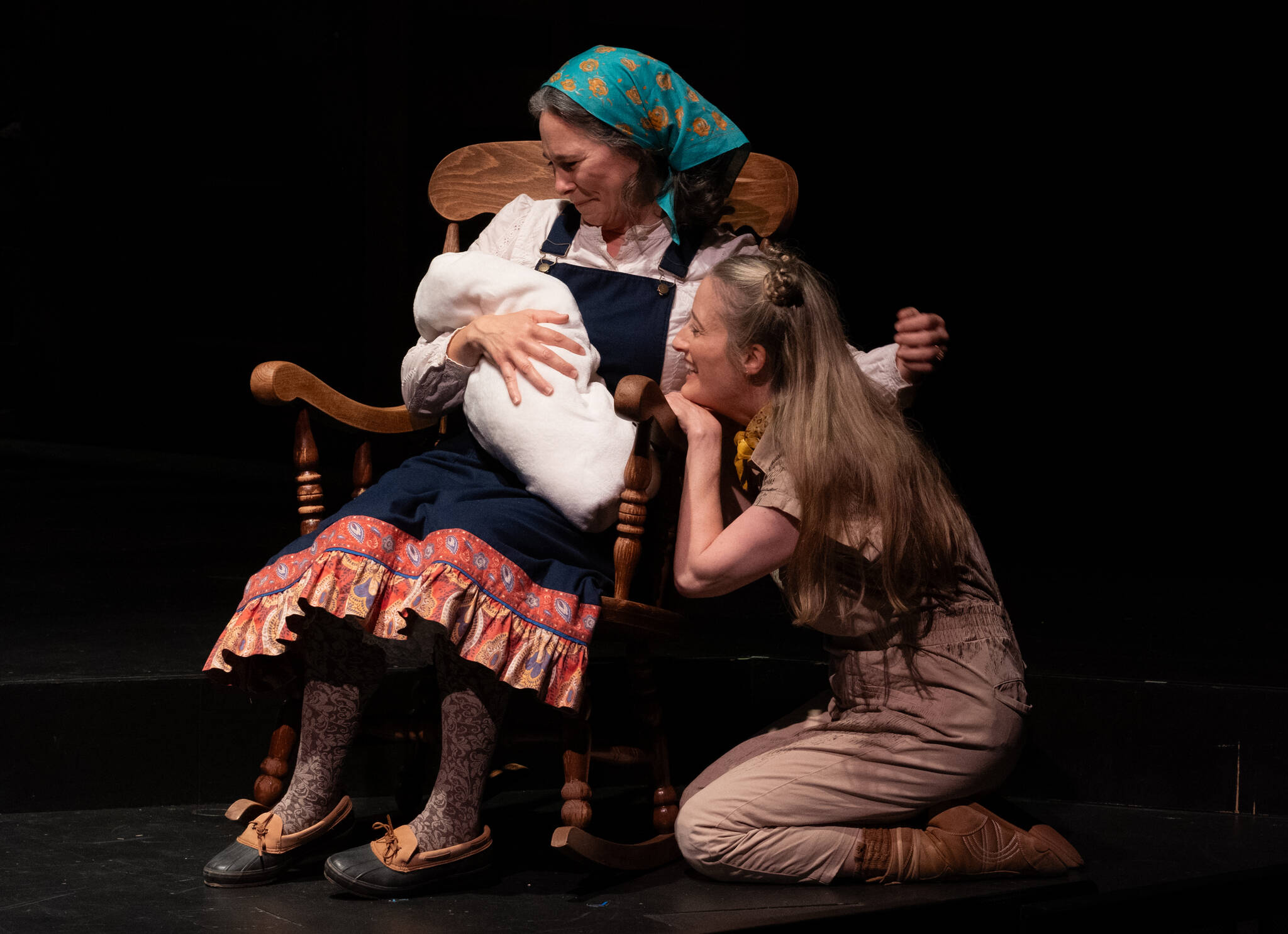 Tracy Hyland as Trudy, Edgar’s mom, and Jen Taylor as Almondine the dog welcome the newborn Edgar, starting a lifelong bond. (Michelle Bates photo)