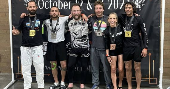 The Vashon Island Grappling Club’s Adult Team, from left to right: Nick Arnold, Kidd Williams, Eric Rogneby, Sean Lang, Claudia Gross Shader, and Bobby Dodd. (Courtesy photo)