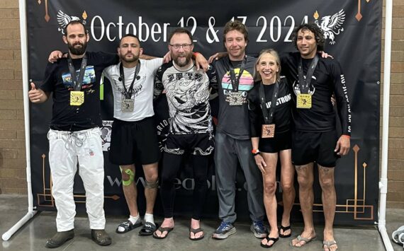 The Vashon Island Grappling Club’s Adult Team, from left to right: Nick Arnold, Kidd Williams, Eric Rogneby, Sean Lang, Claudia Gross Shader, and Bobby Dodd. (Courtesy photo)