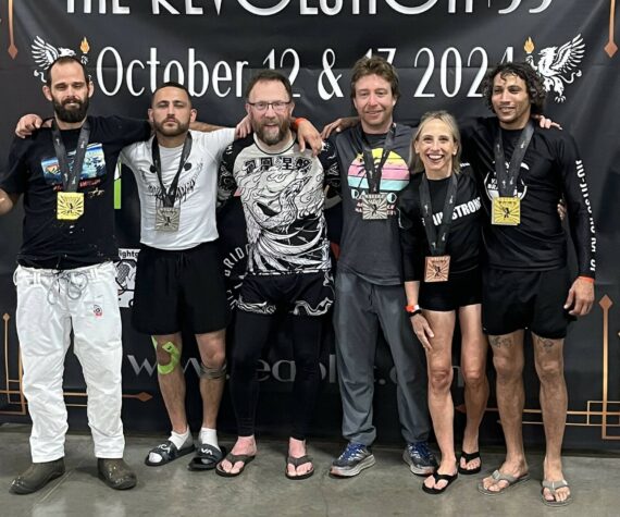 <p>The Vashon Island Grappling Club’s Adult Team, from left to right: Nick Arnold, Kidd Williams, Eric Rogneby, Sean Lang, Claudia Gross Shader, and Bobby Dodd. (Courtesy photo)</p>