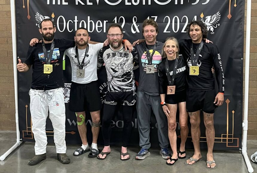 <p>The Vashon Island Grappling Club’s Adult Team, from left to right: Nick Arnold, Kidd Williams, Eric Rogneby, Sean Lang, Claudia Gross Shader, and Bobby Dodd. (Courtesy photo)</p>