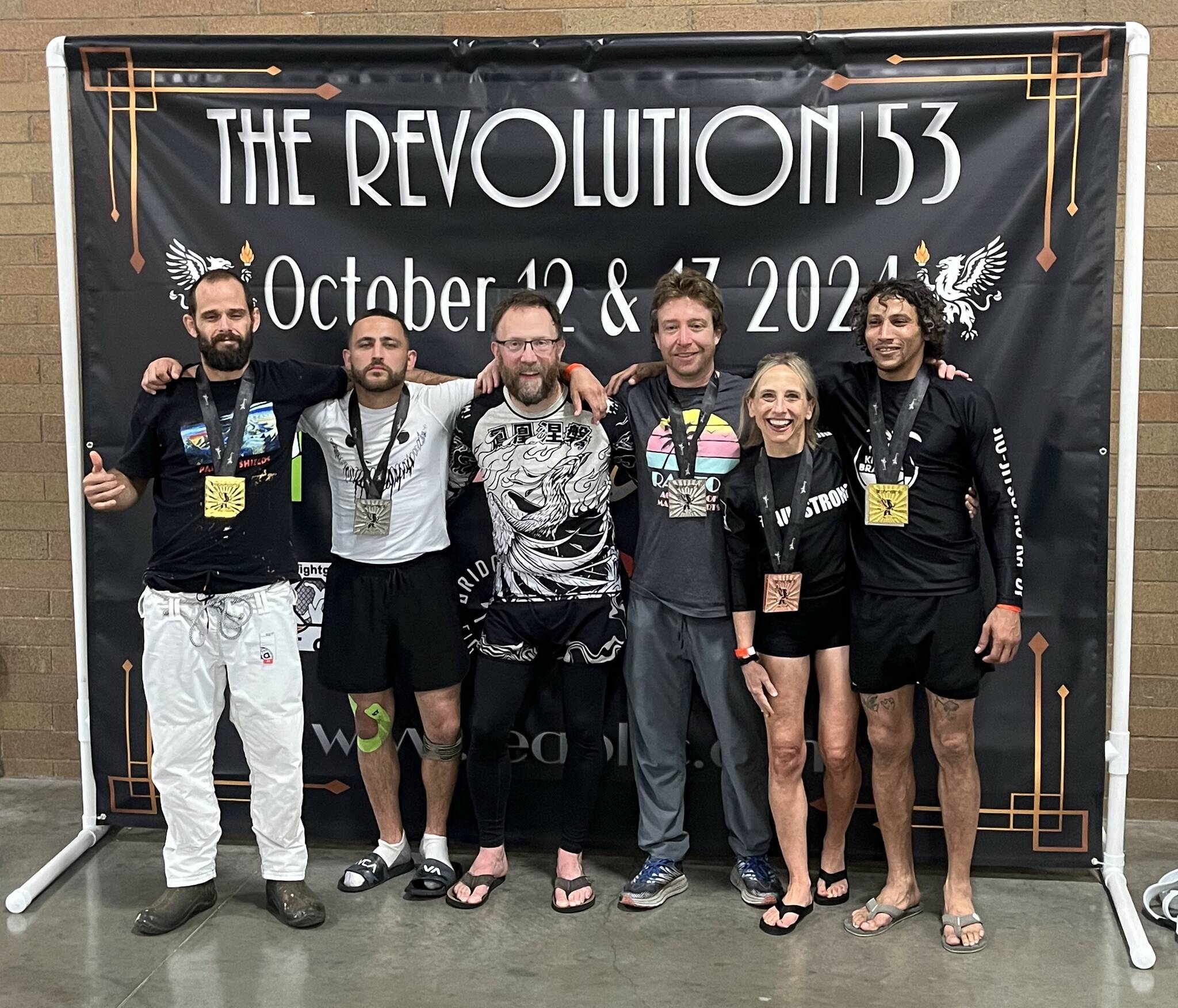 The Vashon Island Grappling Club’s Adult Team, from left to right: Nick Arnold, Kidd Williams, Eric Rogneby, Sean Lang, Claudia Gross Shader, and Bobby Dodd. (Courtesy photo)