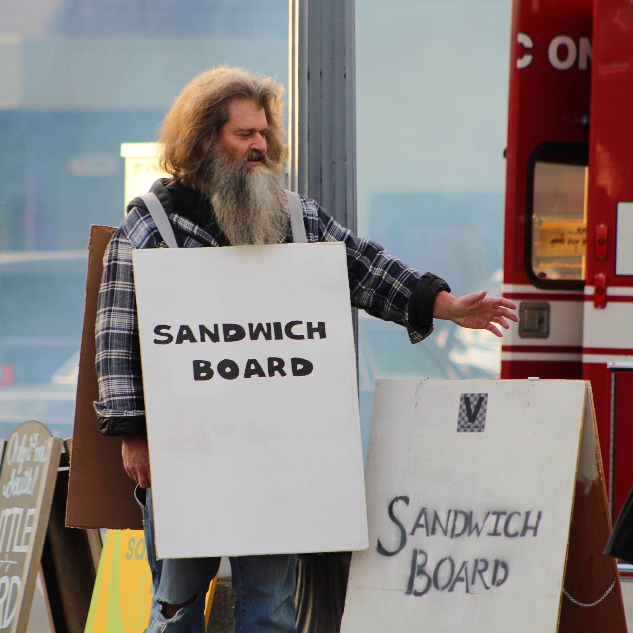 File photo
Halloween is coming, which means you’re soon sure to see creepy and clever costumes on Vashon Highway — such as this costume poking fun at the island’s proclivity for advertising events on sandwich boards.