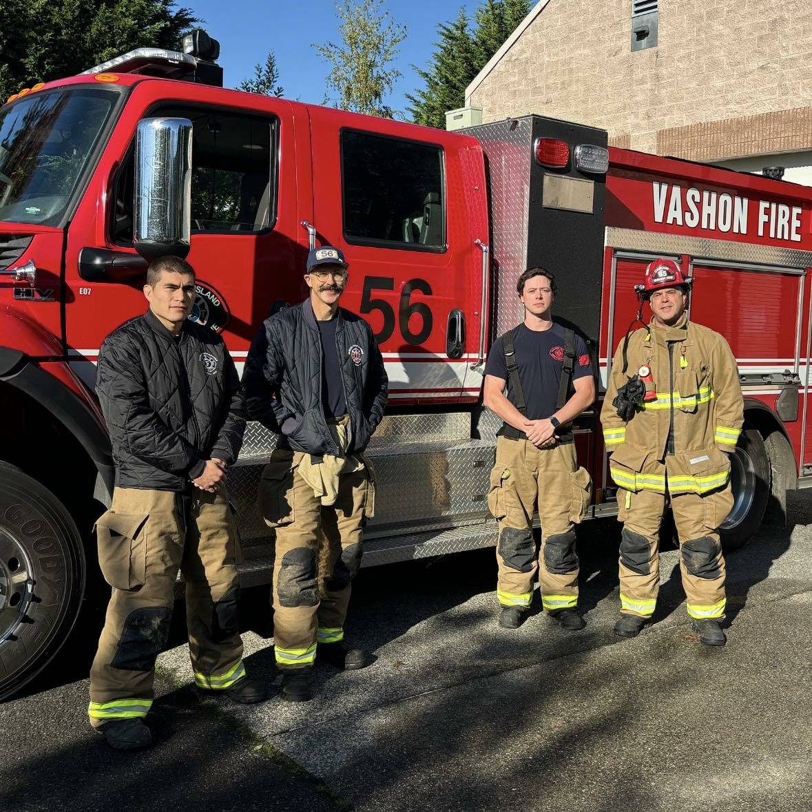 (Left to right) Firefighter/EMT Fale Weggen, Lieutenant/EMT Brian Lee, Firefighter/EMT Dawson Allen, and Captain/EMT Josh Munger, outside Station 56, in Burton. (Vashon Island Fire Rescue photo)