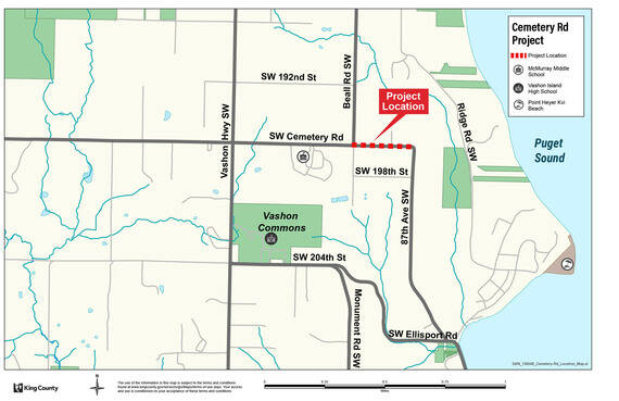 This image shows, in red, where Cemetery Road will be closed for much of November for drainage improvement work. (King County Roads image)