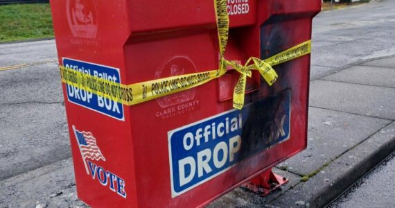 A ballot drop box damaged in a suspected arson incident in Vancouver, Washington, on Oct. 28, 2024. Monika Spykerman/The Columbian/Courtesy of Washington State Standard