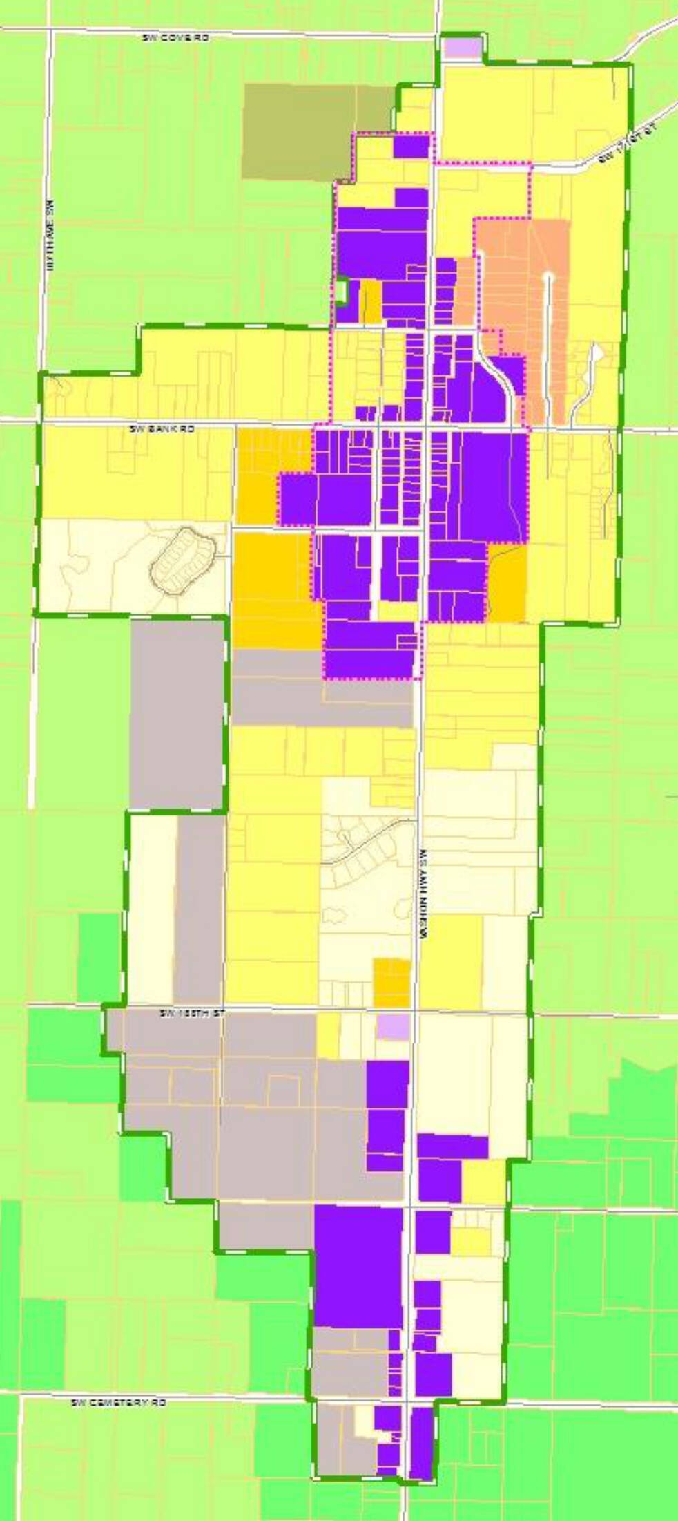 This image shows zoning areas in Vashon, zoomed in on Vashon Rural Town. Light and dark green: “Rural Area.” Dark purple: “Community Business.” Gray: “Industrial.” Shades of white to yellow, orange and red: “Residential” (the more red, the higher the allowed density). Olive: “Agricultural.” Light purple: “Neighborhood Business.” (For more detail, visit gismaps.kingcounty.gov/iMap.)