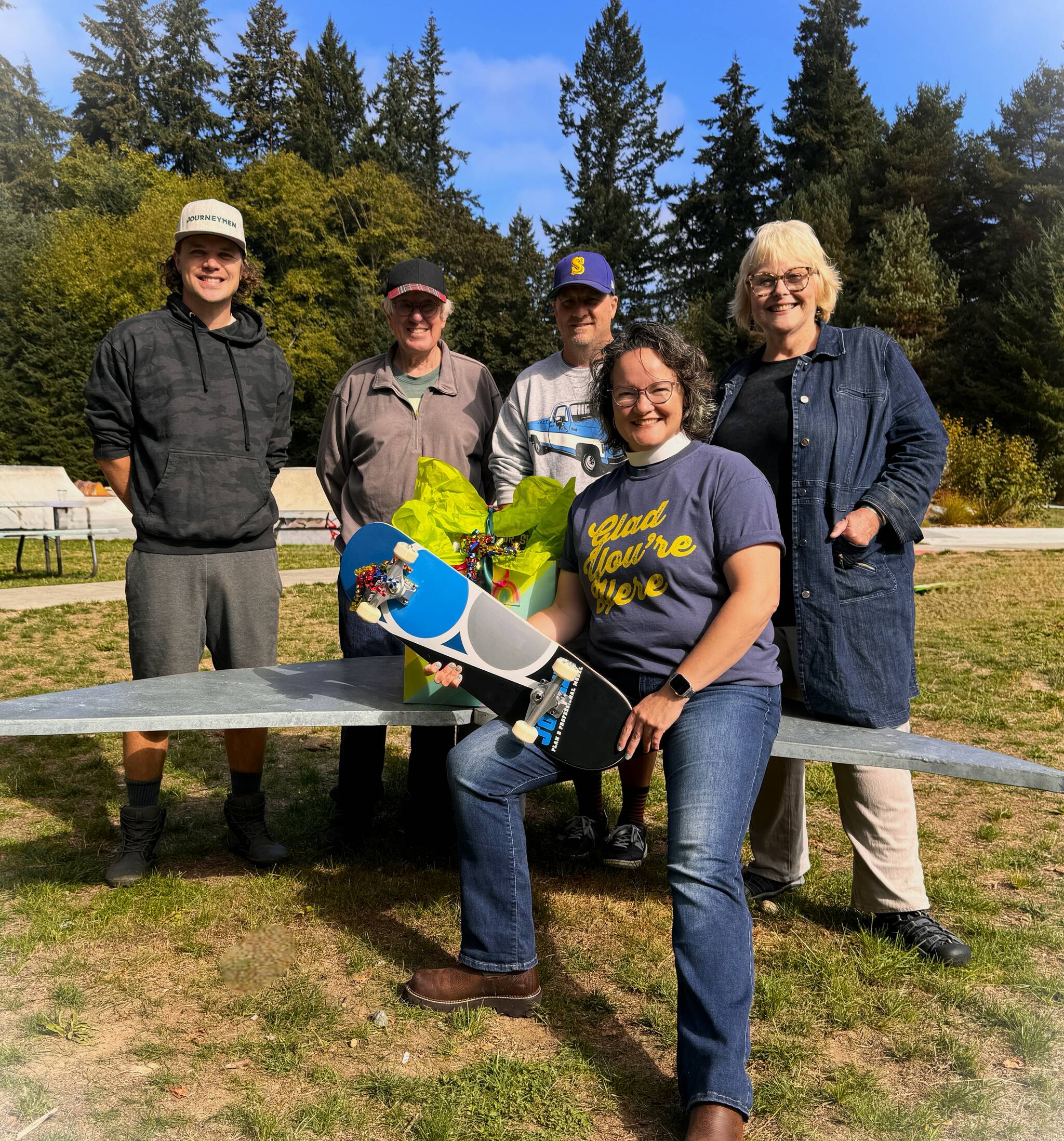 Back row, from left to right: Nicky Wilks, from Journeymen One Village; John Bean, the community outreach chair of the Church of the Holy Spirit; Dustin Laundry, of Vashon Boards; and Judith Neary, of Rjs Kids. In front: Reverend Meredith Harmon, the rector of the Church of the Holy Spirit. (Courtesy photo)