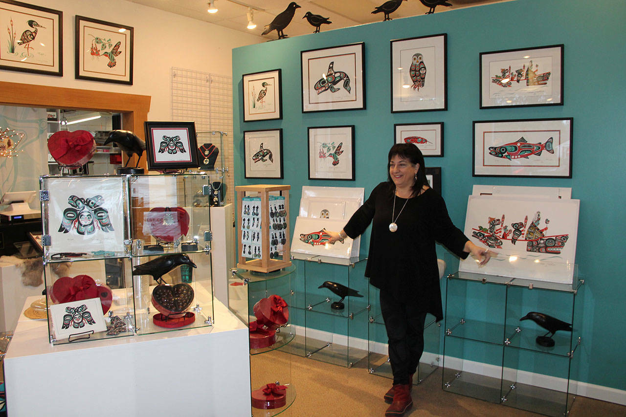 Owner Sue Shotridge, at Raven’s Nest, a place to shop for arts, crafts, and other gifts by Northwest Coast Indigenous artists. (Juli Goetz Morser/File Photo)