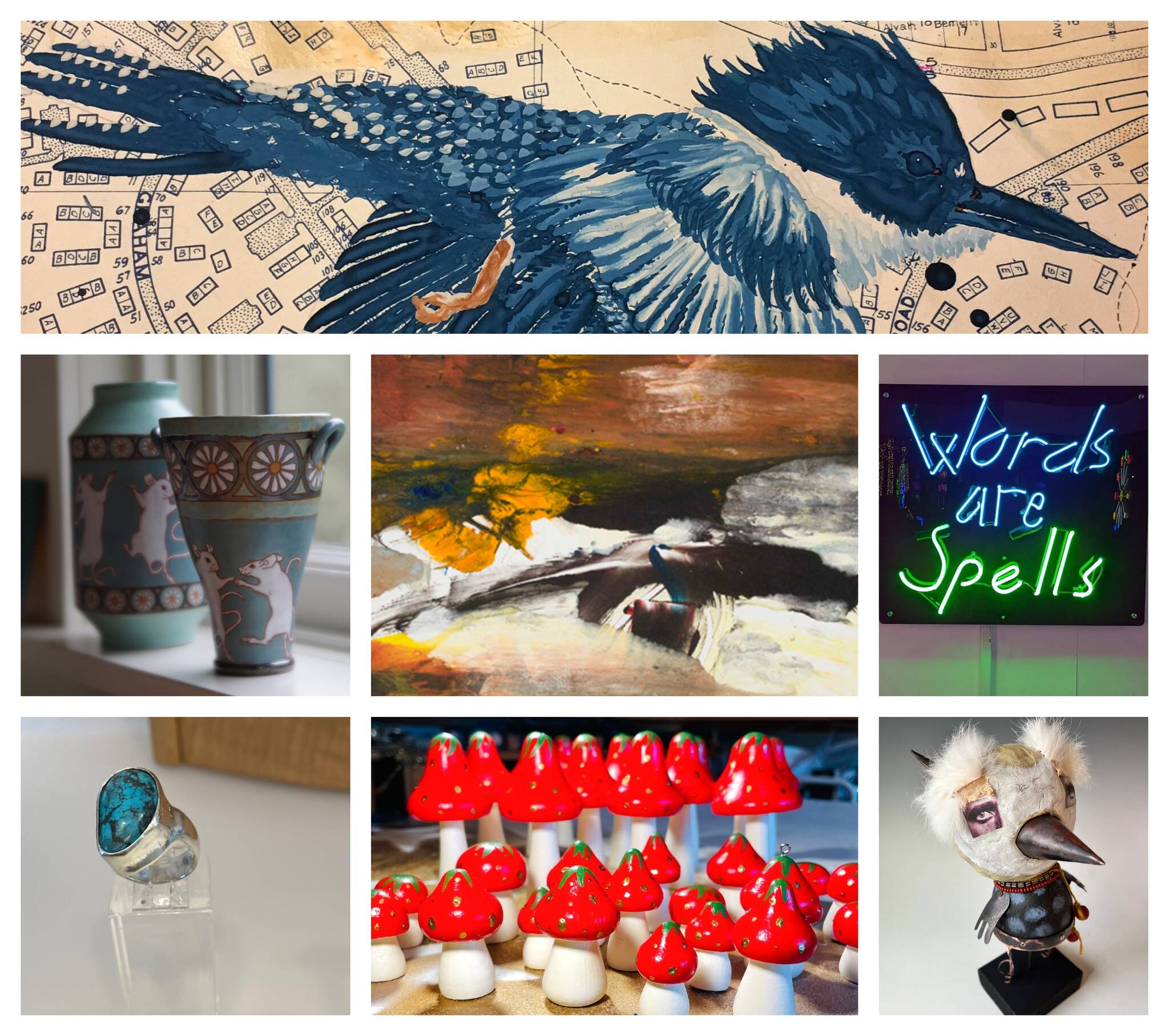 ViVA’s Holiday Studio Tour includes a bounty of artwork. Shown here are examples of work by (top) Jennifer Hawke, (middle, left to right) Cory Winn Pottery, Ilse Reimnitz, Radiant Neon, (bottom row left to right) Eric Heffelfinger, Lisa Witherspoon and Morgan Brig, all of whom will open their studios for the tour. (Courtesy photos)