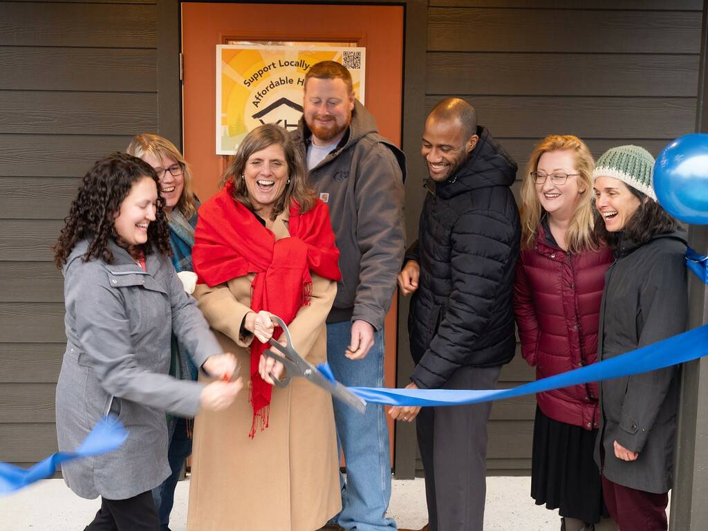 John Decker photo
The ribbon is cut at Island Center Homes by, from left to right: Kelly Rider, director of the King County Department of Community and Human Services; Judy Tucker, owner of Form + Function Architecture; Kari Dohn Decker, interim executive director of Vashon HouseHold; Alex Crowder, CEO of Crowder Construction; Chris Lovings, community engagement specialist at the Washington State Department of Commerce; Rachel Hetrick, housing stewardship manager at Vashon HouseHold; and Shelly Whitlock, property manager at Vashon HouseHold.