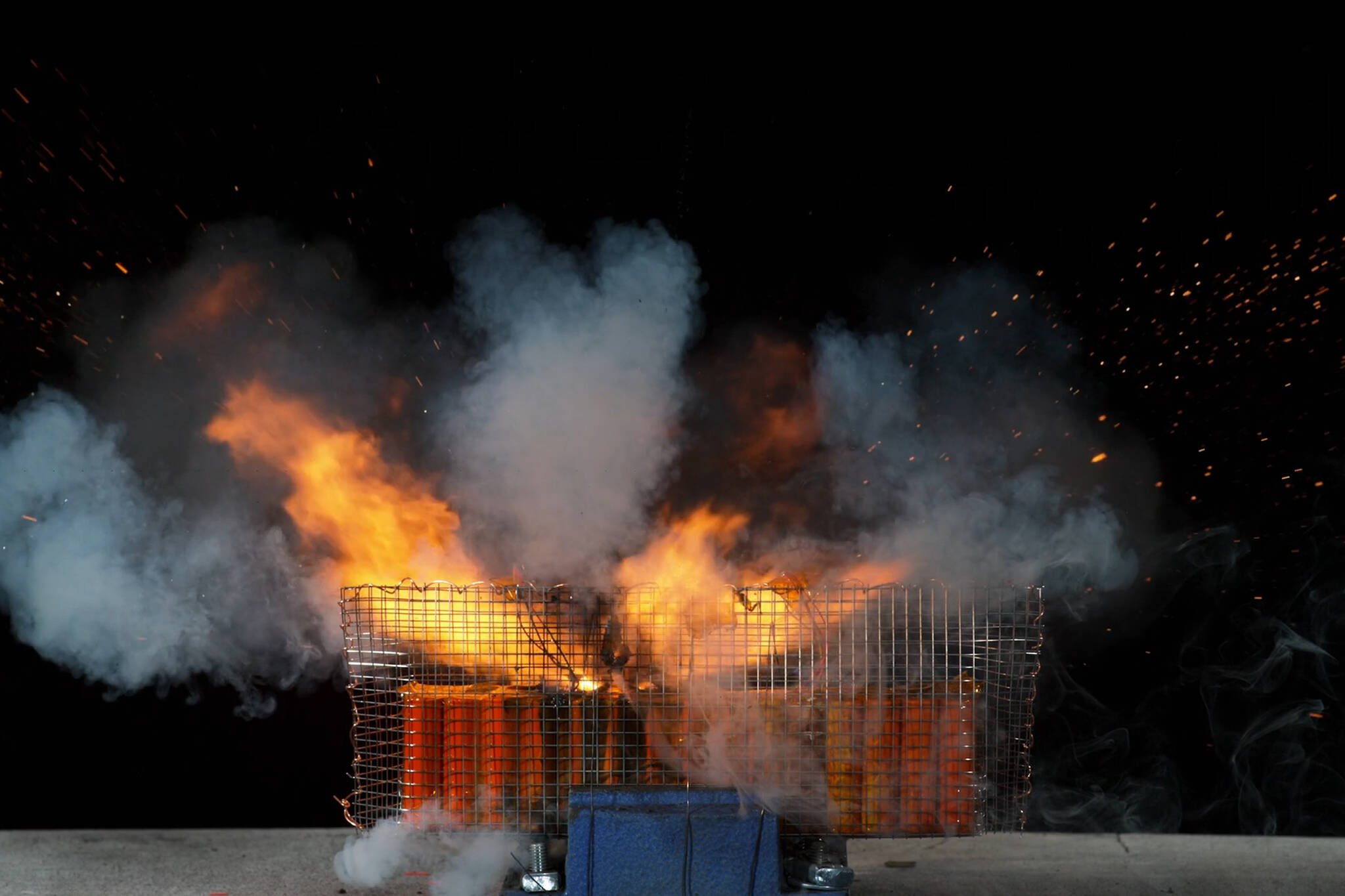 This photo from a test lab video (tinyurl.com/FSRItestVideo) demonstrates how fast a lithium-ion battery incident can get out of control. The Fire Safety Research Institute (FSRI) says it can take as little as 15 seconds from initial smoke formation to thermal runaway, a dangerous chain reaction resulting in a rapid and uncontrollable increase in temperature. (Courtesy photo)