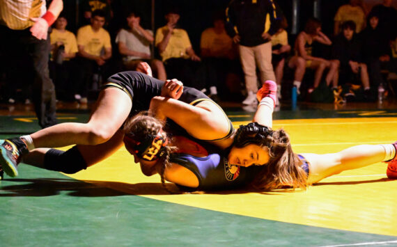 Tony Puz photo
Kyla Scheff works to achieve a fall in a home dual meet.