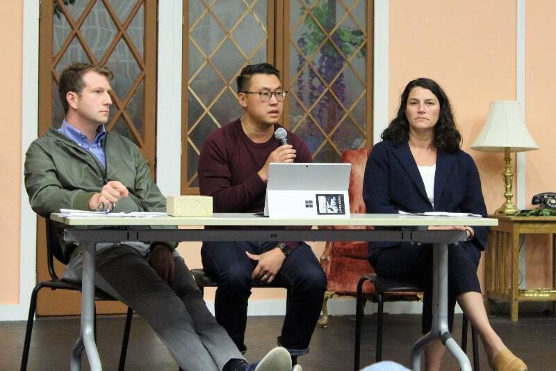 34th District (Vashon and West Seattle) legislators Rep. Joe Fitzgibbon, Sen. Joe Nguyen and Rep. Emily Alvarado speak to a crowd about ferry service in September 2023 at Vashon High School. (Alex Bruell photo)