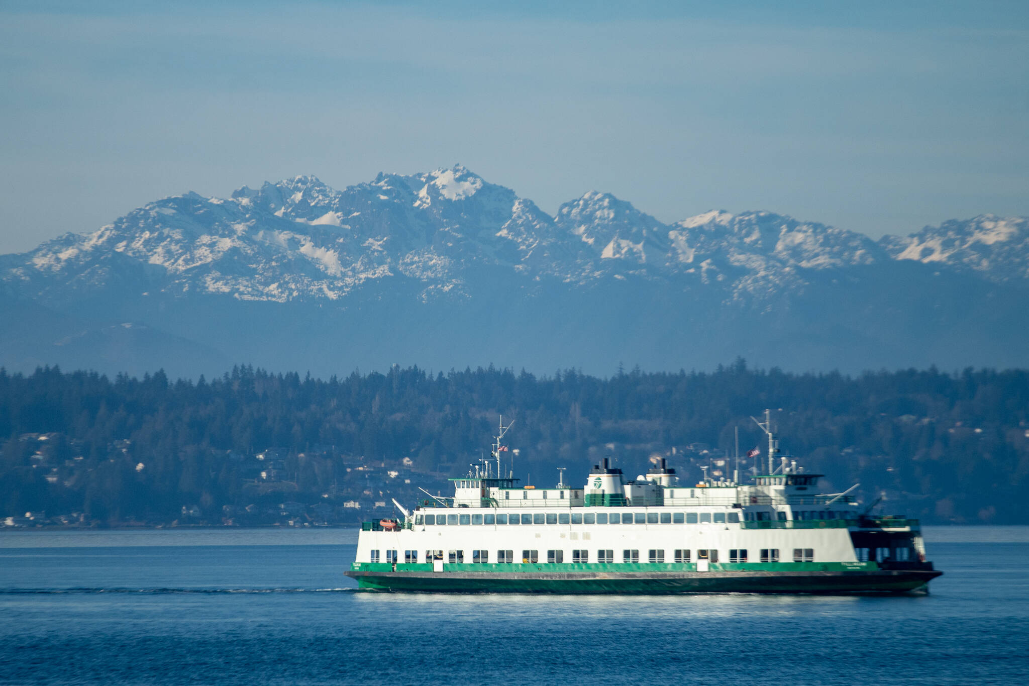 A vessel in the Washington State Ferries fleet sails in the Salish Sea near Vashon on a cold, sunny January day. (Alex Bruell photo)