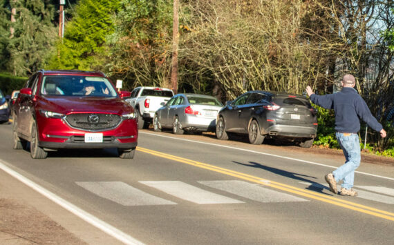 Alex Bruell photo
A driver stops for yacht club member and Vashon resident Charlie Backus as he crosses Vashon Highway toward the Quartermaster Yacht Club along the unauthorized crosswalk. Regardless of the King County's decisions or what happens to the crosswalk, "I think (motorists) ought to slow down anyway," Backus said.