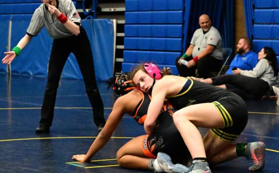 Junior Lena Puz defeats a Central Kitsap competitor in a second round win by fall. (Tony Puz photo)