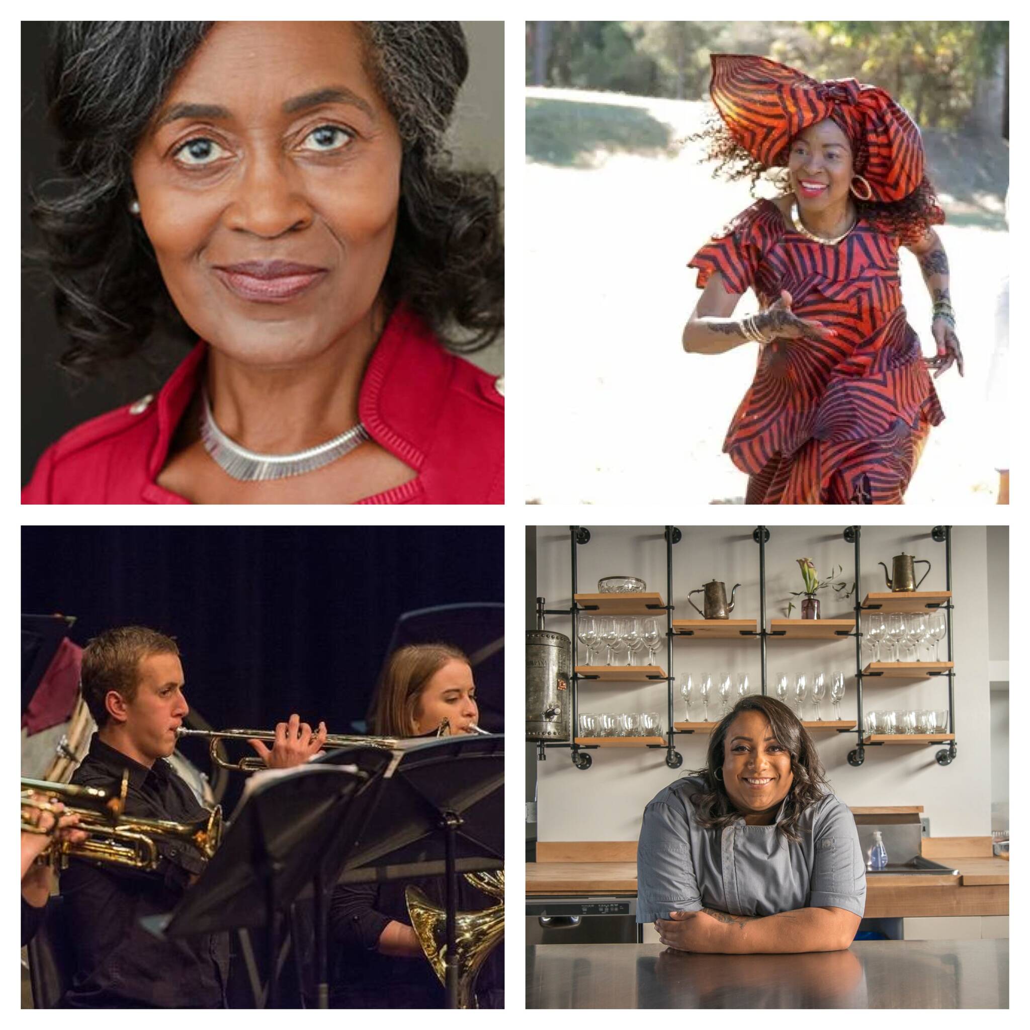 (Courtesy photos)
(Top, left to right) Storyteller Eva Abram, dancer Franchesska Berry, (bottom) the Vashon High School Wind Ensemble and noted chef Chantel Jackson are special guests and participants in a celebration of MLK Day at Vashon Center for the Arts.